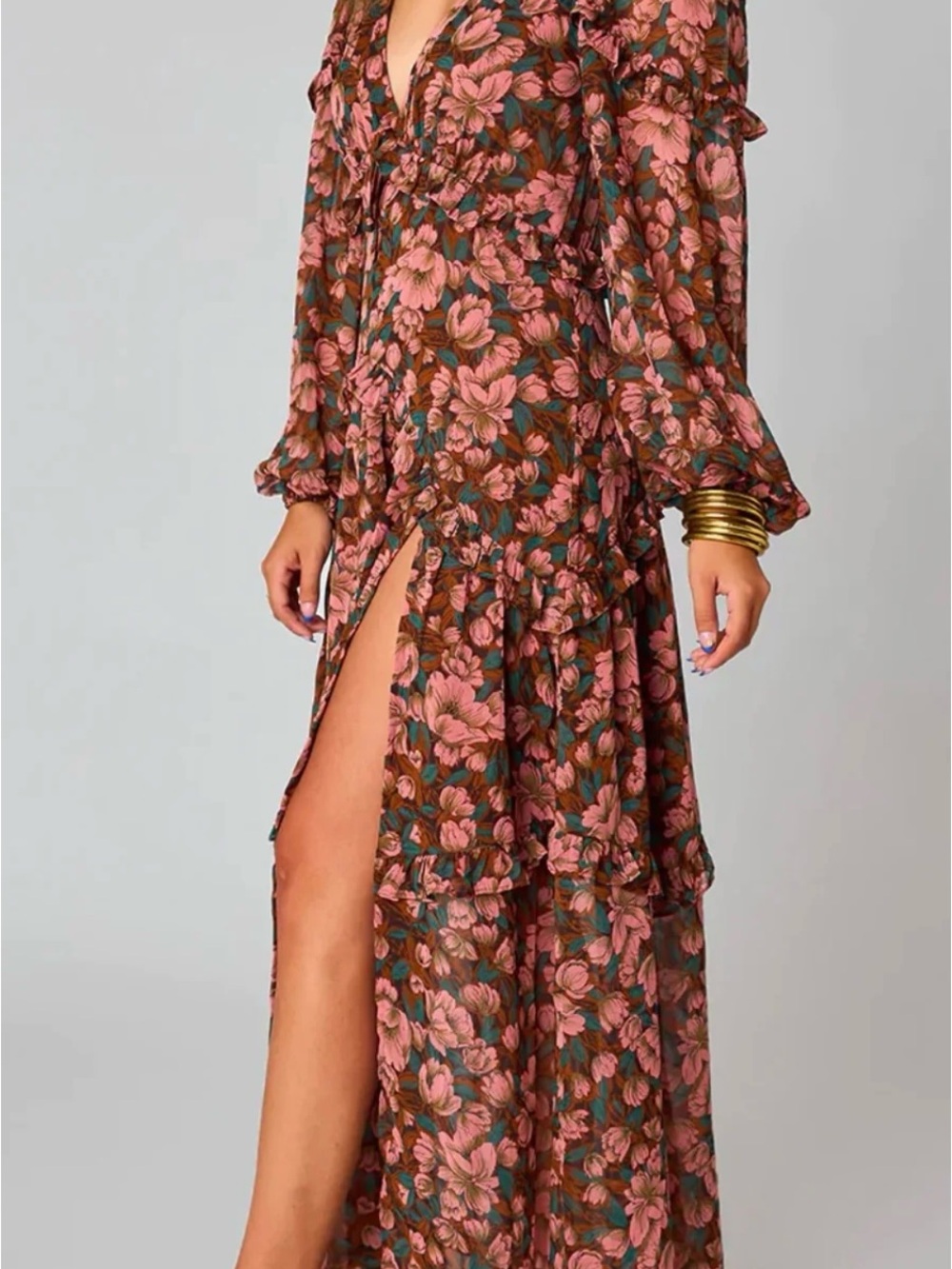 Buddy Love Ruffle Long Sleeve Maxi Dress in Pink & Brown